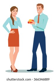 Stock vector illustration Man in office clothes gives a woman a Valentines in the style of low poly