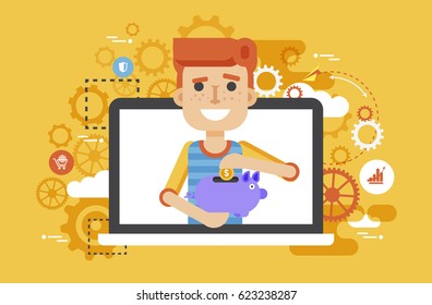 Stock vector illustration man piggy bank in hands design element for financial education, banking, deposit, saving, discount, online promotion, marketing, management flat style yellow background icons