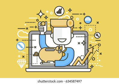 Stock Vector Illustration Man Piggy Bank In Hands Design Element For Financial Education, Banking, Deposit, Saving, Discount Online Promotion, Marketing, Management Linear Style Yellow Background Icon