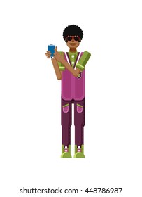 Stock vector illustration man shows screen of phone