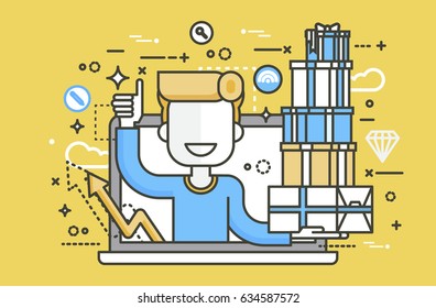 Stock vector illustration man thumbs up laptop notebook with lot of shopping packing boxes of gifts design element marketing purchase, sale, discount, online store linear style yellow background icon