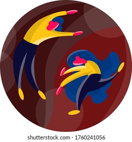 Stock vector illustration of man and woman in yin yang symbol. Decorative graphic design element in oriental style. Feminine and masculine beginning in modern cartoon style. Symbol of unity of whole.