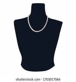 Stock vector illustration of a mannequin wearing a pearl necklace. A string of white pearls for a shop window. Large round gemstones. Elegant decoration on the neck. Isolated on a white background.
