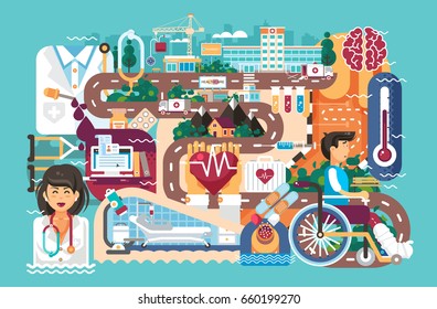 Stock vector illustration medicine health care of patient wheelchair medical insurance treatment illness recovery doctor nurse ambulance road hospital pharmacy polyclinic in flat style blue background