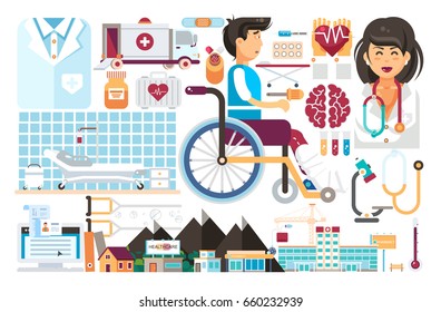 Stock vector illustration medicine health care of patient wheelchair medical insurance treatment illness recovery doctor nurse ambulance road hospital pharmacy polyclinic in flat style blue background