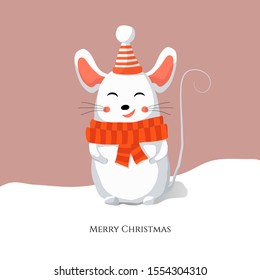 Stock vector illustration. Merry Christmas and Happy New Year greeting or post card with white mouse in a red scarf and hat.