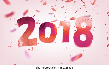 Stock vector illustration metal texture numbers 2018. Red pink realistic confetti, sequins. Happy New Year. EPS10