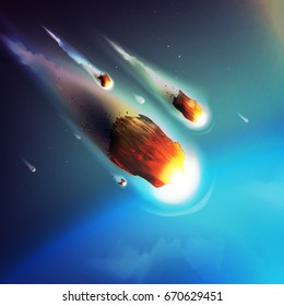 Stock Vector Illustration Meteorite, Comet, Asteroid, Meteor, Planetoid. Planet From Space, Atmosphere. Armageddon, Catastrophe, End Of The World. EPS 10