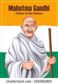 Stock vector illustration of Mohandas Karamchand Gandhi or mahatma gandhi, a great Indian freedom fighter. Bapu. Mahatma Gandhi Jayanti, 2nd October. Template for website, landing page,  front cover.