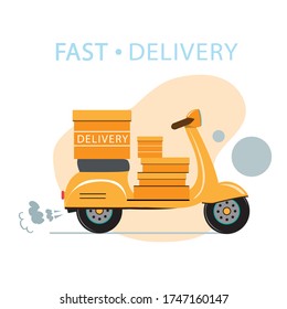 Stock vector illustration of a moped with delivery. Parcel delivery. Online delivery on a white background. Coronavirus concept. Epidemic disease concept