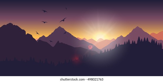 Stock vector illustration of a mountain landscape at sunset and dawn