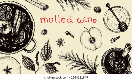 Stock vector illustration mulled wine Merry Christmas Menu template top view. Hot alcohol drink and ingredients for mulled wine spices, herbs, fruits. Winter beverage banner for cafe, bar 