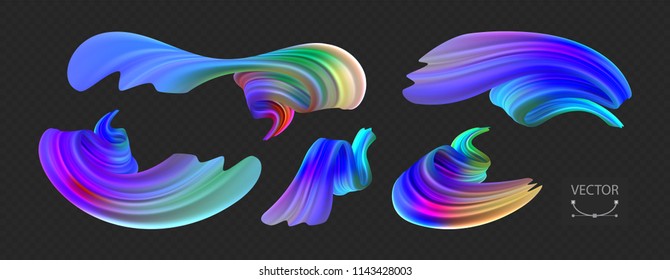Stock vector illustration multicolored realistic oil, acrylic paint. Acid colors. Brush strokes set isolated on dark transparent checkered background. Template for placard, banner, flyer EPS10