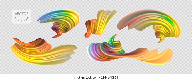 Stock vector illustration multicolored realistic oil, acrylic paint. Acid colors. Brush strokes set isolated on transparent checkered background. Template for placard, banner, flyer, presentation