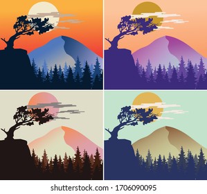 Dibujo vectorial de la naturaleza en el paisaje montañoso con silueta de árboles y gran luna llena. Para banner, página web de cabecera horizontal, material impreso. 