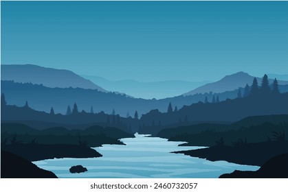 Stock vector illustration of nature backdrop of mountains and lake landscape with silhouette of trees, spruces at night on background of blue sky for brochure, banner, website, printed materials, card