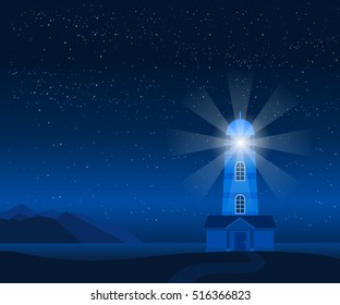 Stock vector illustration of nature backdrop of mountains and sea landscape with silhouette of lighthouse at night on background of starry sky for brochures, banner, website, printed materials, cards