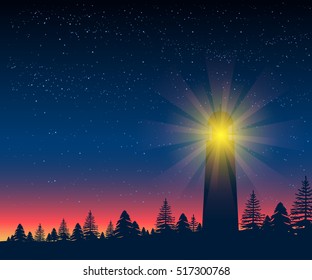 Stock vector illustration of nature backdrop of trees and spruce landscape with silhouette of lighthouse at night on background of starry sky for brochures, banner, website, printed materials, cards