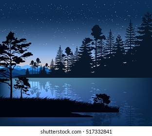 Stock vector illustration of nature backdrop of mountains and lake landscape with silhouette of trees, spruces at night on background of blue sky for brochure, banner, website, printed materials, card