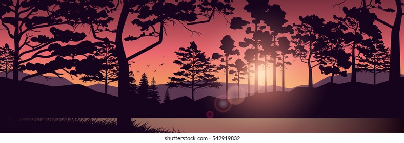 Stock vector illustration nature backdrop of mountains and lake landscape with silhouette of trees at dawn or sunset on background of red sky for brochure, banner, website, printed materials, card