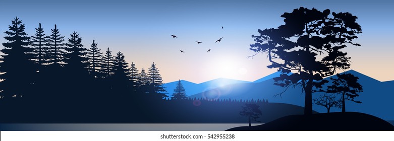 Stock vector illustration of nature backdrop of mountains landscape with silhouette of trees, spruces at night on background of sky for brochure, banner, header website, printed materials, card.