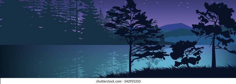 Stock vector illustration of nature backdrop of mountains and lake landscape with silhouette of trees, spruces at night on background of blue sky for brochure, banner, website, printed materials, card