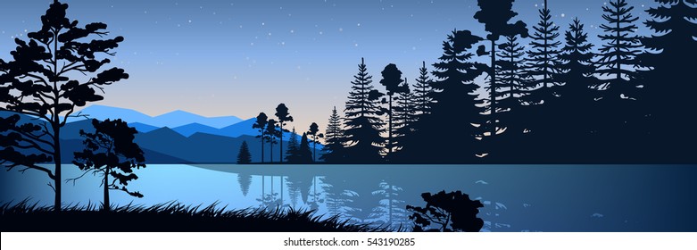 Stock vector illustration of nature backdrop of mountains and lake landscape with silhouette of trees, spruces at night on background of blue sky for brochure, banner, website, printed materials, card