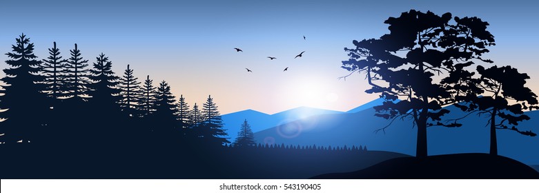 Stock vector illustration of nature backdrop of mountains landscape with silhouette of trees, spruces. For banner, horizontal header website, printed materials. Image Picture Background Blue 