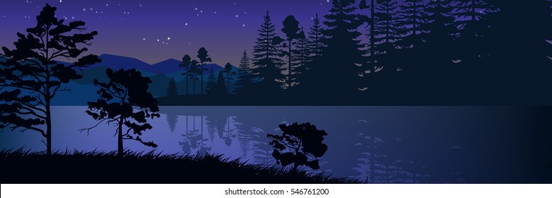 Stock vector illustration of nature backdrop of mountains and lake landscape with silhouette of trees, spruces at night on background of blue sky for brochure, banner, website, printed materials, card