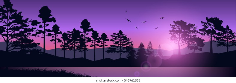 Stock vector illustration nature backdrop of mountains and lake landscape with silhouette of trees at dawn or sunset on background of violet sky for brochure, banner, website, printed materials, card