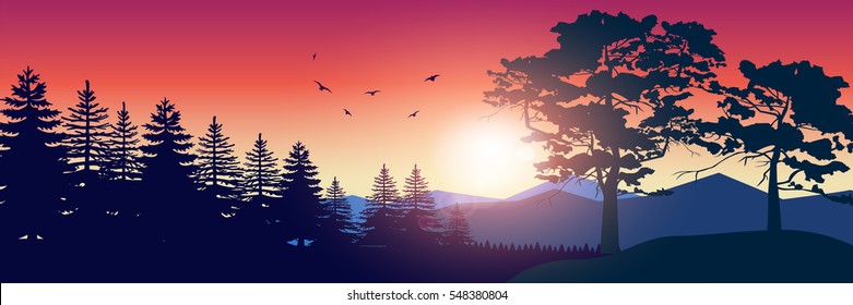 Stock vector illustration of nature backdrop of mountains landscape with silhouette of trees, spruces. For banner, horizontal header website, printed materials. Image Picture Background Red Sunrise