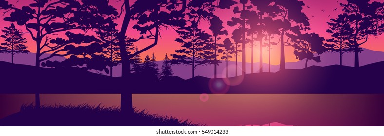 Stock vector illustration nature backdrop of mountains and lake landscape with silhouette of trees at dawn or sunset on background of violet sky for brochure, banner, website, printed materials, card