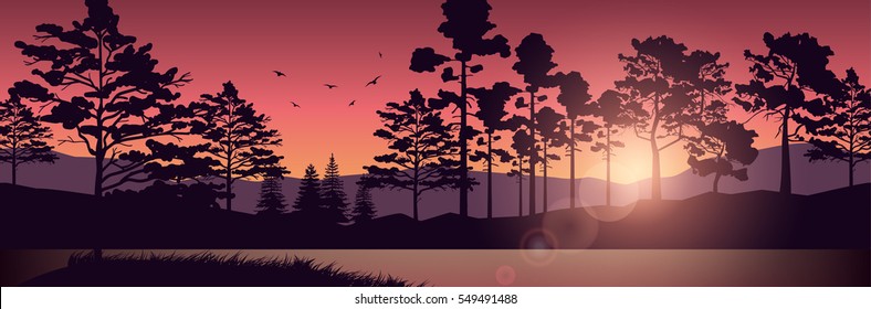 Stock vector illustration nature backdrop of mountains and lake landscape with silhouette of trees at dawn or sunset on background of violet sky for brochure, banner, website, printed materials, card