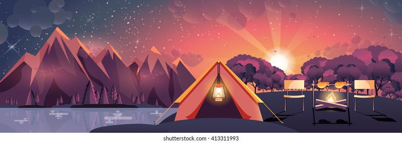 Stock vector illustration of night landscape, mountains, sunset, travel, hiking, nature, tent, campfire, camping in flat style element for info graphic, website, games, motion design