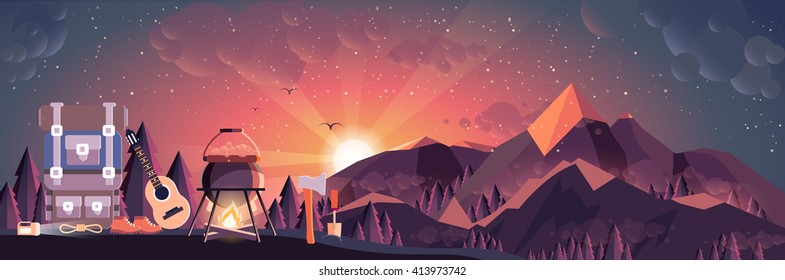 Stock vector illustration of night landscape, mountains, sunset, travel, nature, pot, fire, hiking, big tourist backpack, camping in flat style element for info graphic, website, games, motion design