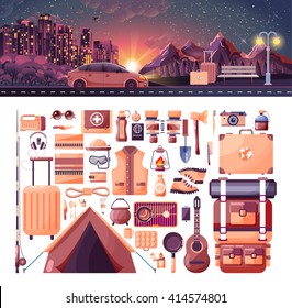 Stock vector illustration of night landscape, mountains, sunset, travel, nature, car, city nightlife, bench, luggage, set of sports equipment for outdoor activities in flat style element info graphics