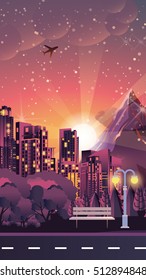 Stock vector illustration of night landscape, mountains, sunset, nature, city nightlife, bench, in flat style element info graphics
