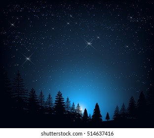 Stock vector illustration of night landscape with starry sky on a background of silhouettes of trees