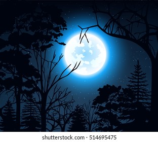 Stock vector illustration of night landscape with starry sky and full moon on a background of silhouettes of trees