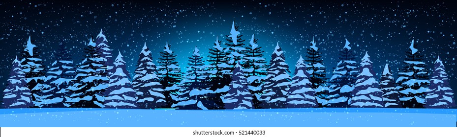 Stock vector illustration of night landscape with silhouettes of snow-covered fir trees among snowfall  in snowdrifts on starry sky background for banner, website, printed materials, cards