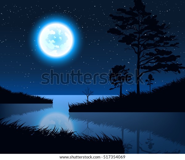 湖水に映る木の背景に星空と満月の夜景を描いたベクター画像イラストで バナー ウェブサイト 印刷物 カード用 のベクター画像素材 ロイヤリティフリー