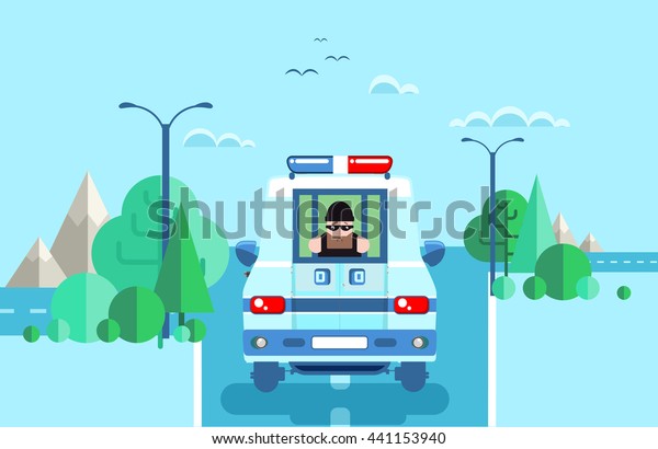 Stock vector\
illustration of offender in police car, criminal behind bars,\
caught, transported in vehicle with grid, perpetrator black mask\
was arrested on road between\
trees
