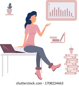 Stock vector illustration office work, girl in the office analyzes growth charts