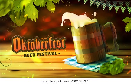 Stock vector illustration Oktoberfest Beer Festival. Realistic wooden old beer mug malt, hop. Pint. Spilling beer. Oktoberfest templates for placards, banners, flyers, presentations and reports. EPS10