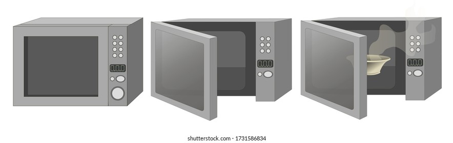 Stock vector illustration on a white background. A set of three microwave ovens, one is closed, the second is open, and in the third there is a plate, steam comes from it. A microwave painted in gray 