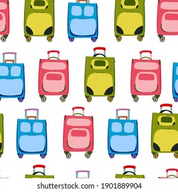 ilustración vectorial en fondo blanco. patrón sin fisuras con maletas y bolsas de viaje. Una maleta sobre ruedas, una bolsa de viaje, necesaria después del fin de la pandemia y la cuarentena. la apertura