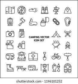 Stock vector illustration - Outline web icon set linear icon camping and outdoor, travel.
Set Of 32 camping and outdoor Outline Icons Set.Collection Of map, compass, flashlight And Other Elements.