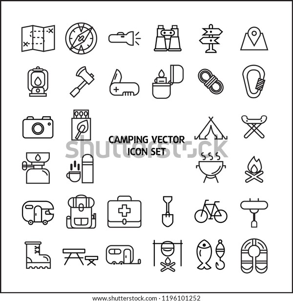 Stock vector illustration - Outline web icon\
set linear icon camping and outdoor, travel.\
Set Of 32 camping and\
outdoor Outline Icons Set.Collection Of map, compass, flashlight\
And Other Elements.
