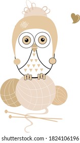 Stock vector illustration of an owl sitting on a ball of knitting thread