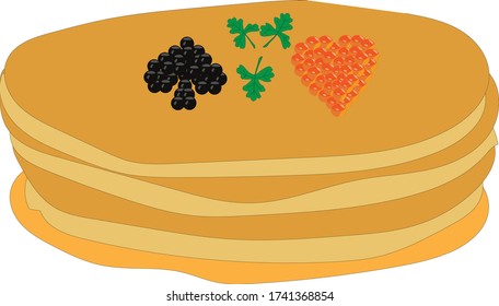 Stock vector illustration, pancake decorated with parsley leaves, as well as black and red caviar laid out in the form of card suits, with a white backing.
